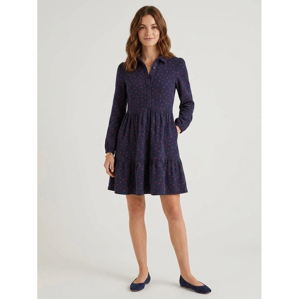 Boden Navy Red Polka Dot Tiered Jersey Shirt Dress D1080 US 6P Petite